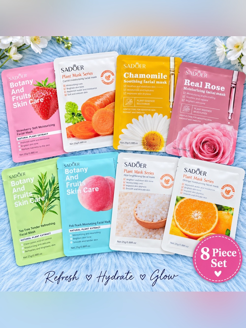 8 Assorted Plant Facial Masks - Chamomile,Botany, and Fruit